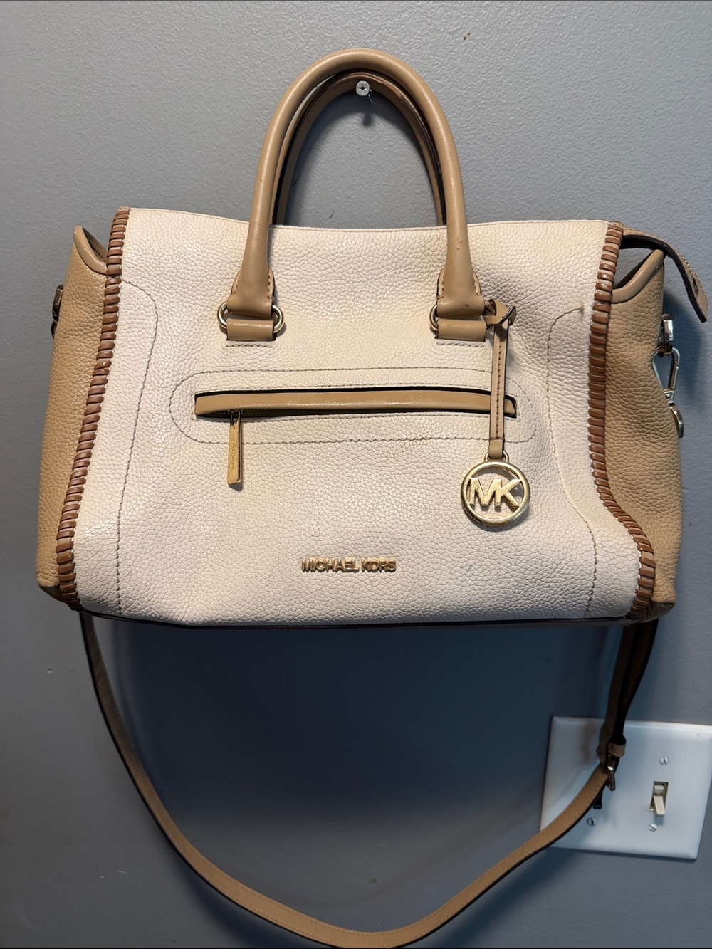 Michael Kors Cream and Tan Leather Whipstitch Satchel
